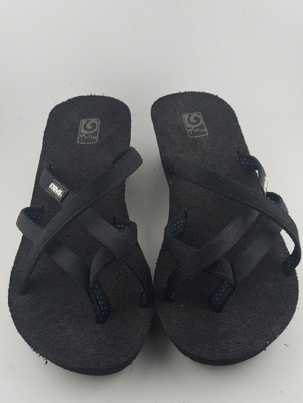 Teva Black Wedge Slide Sandals with Subtle Blue Stitching